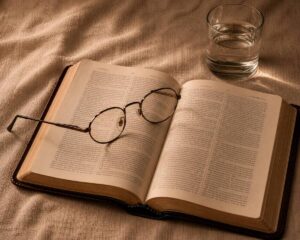 glasses laying on scripture and a glass of water sitting on the side.