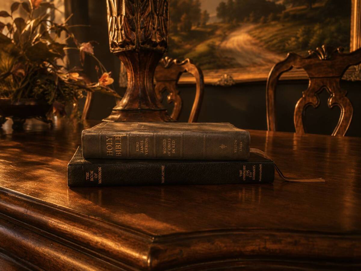 6D2A0D05-AB71-4A18-A322-C09D04E58BF9 The Holy Bible and Book of Mormon stacked on a table