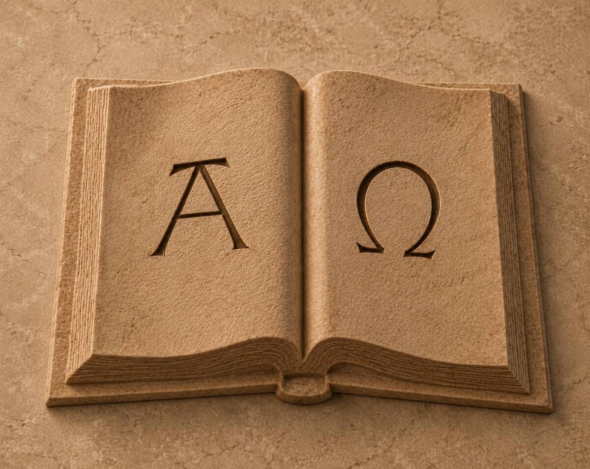 916F495F-835A-4D35-8740-D14DD6198411 alpha omega symbols in a book