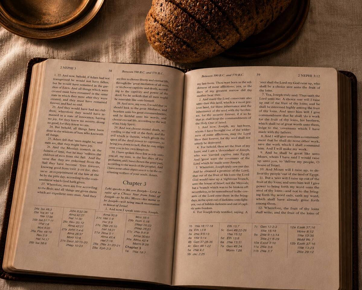 99325076-1CA1-40F4-8892-B8A53A50E02D Book of Mormon opened to 2 Nephi