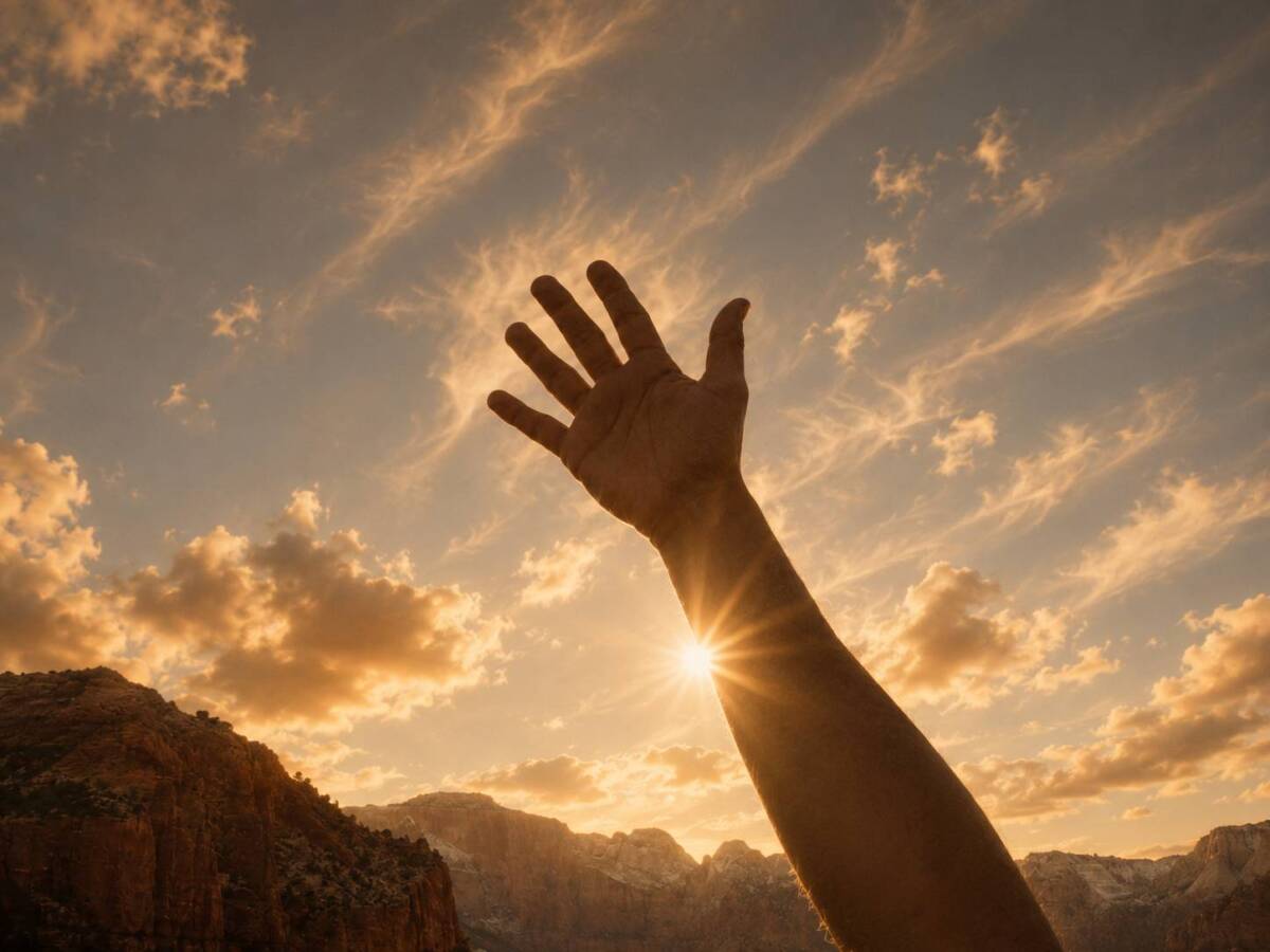 hand reaching out to the sky with the sun shining behind it. Mountainous background.